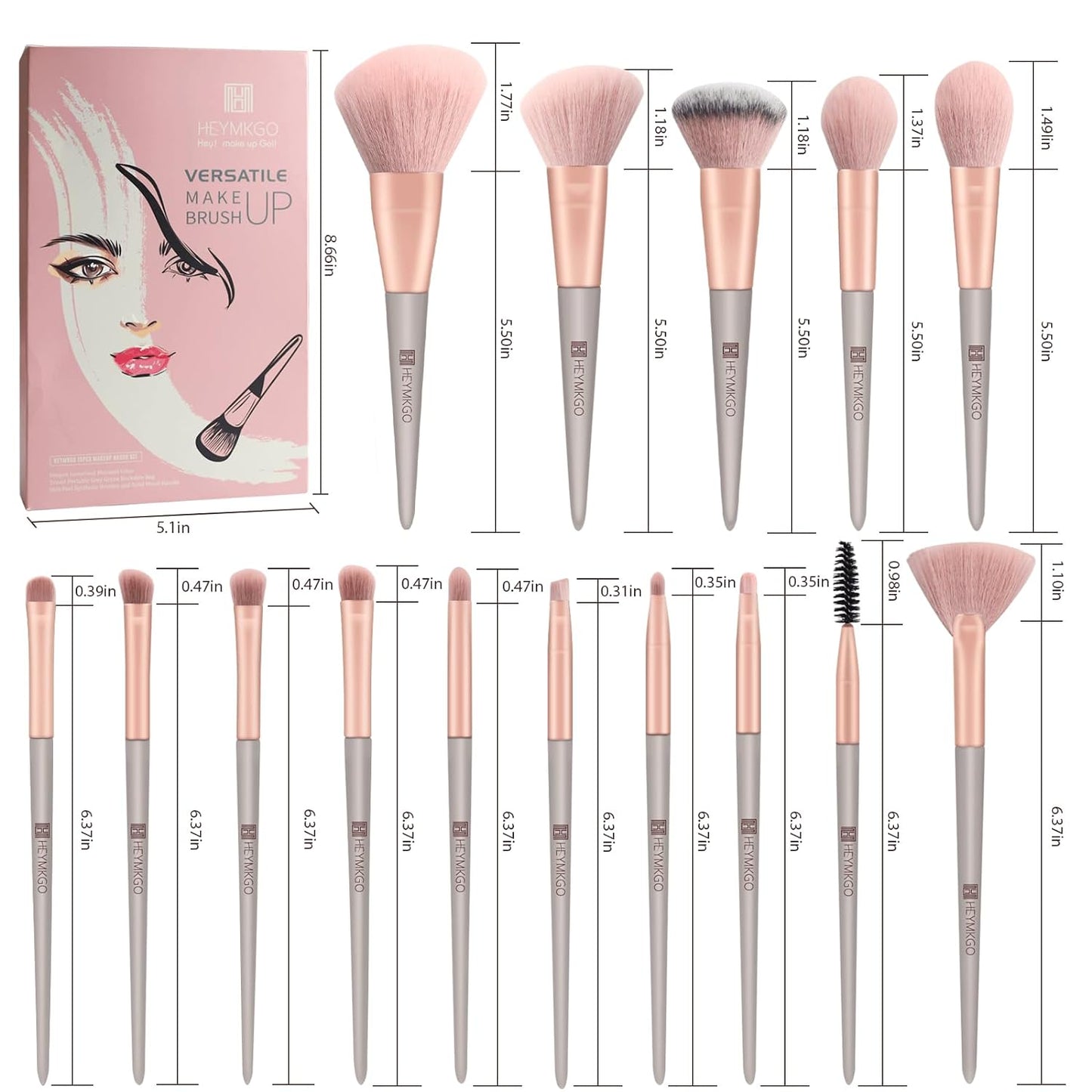 Pinselset Makeup HEYMKGO 15Pcs Synthetische Borsten Grüne Farbe Konischer Griff Make up Pinsel Set Schminkpinsel Gesicht Auge Lidschatten Mit Tragbarer Kordelzug Flanell Tasche (Rosa)